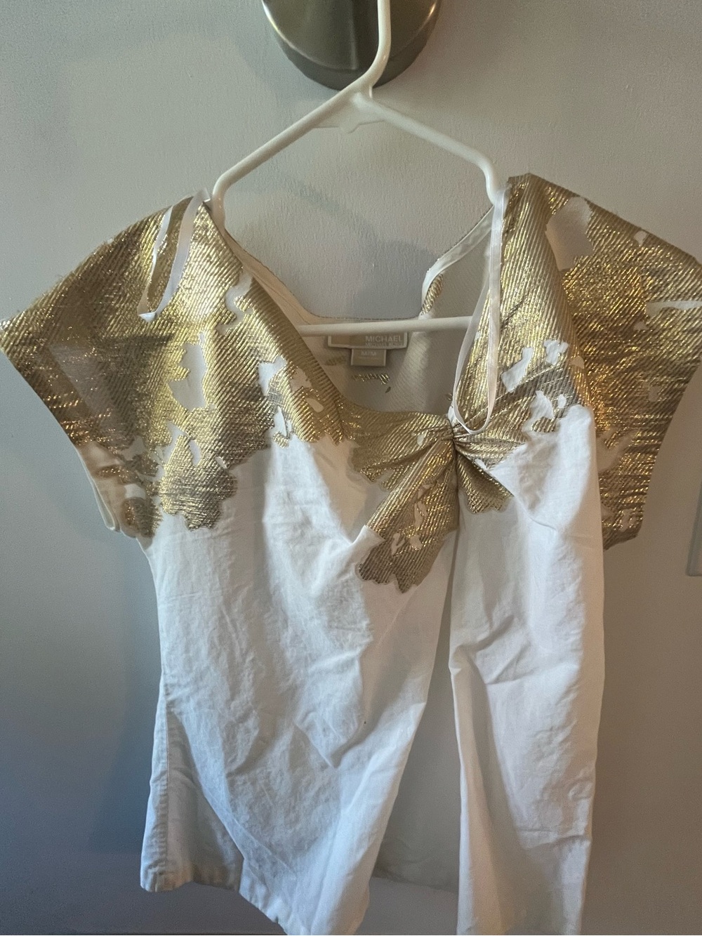 Michael Kors White Top with Gold Metallic Floral Detail